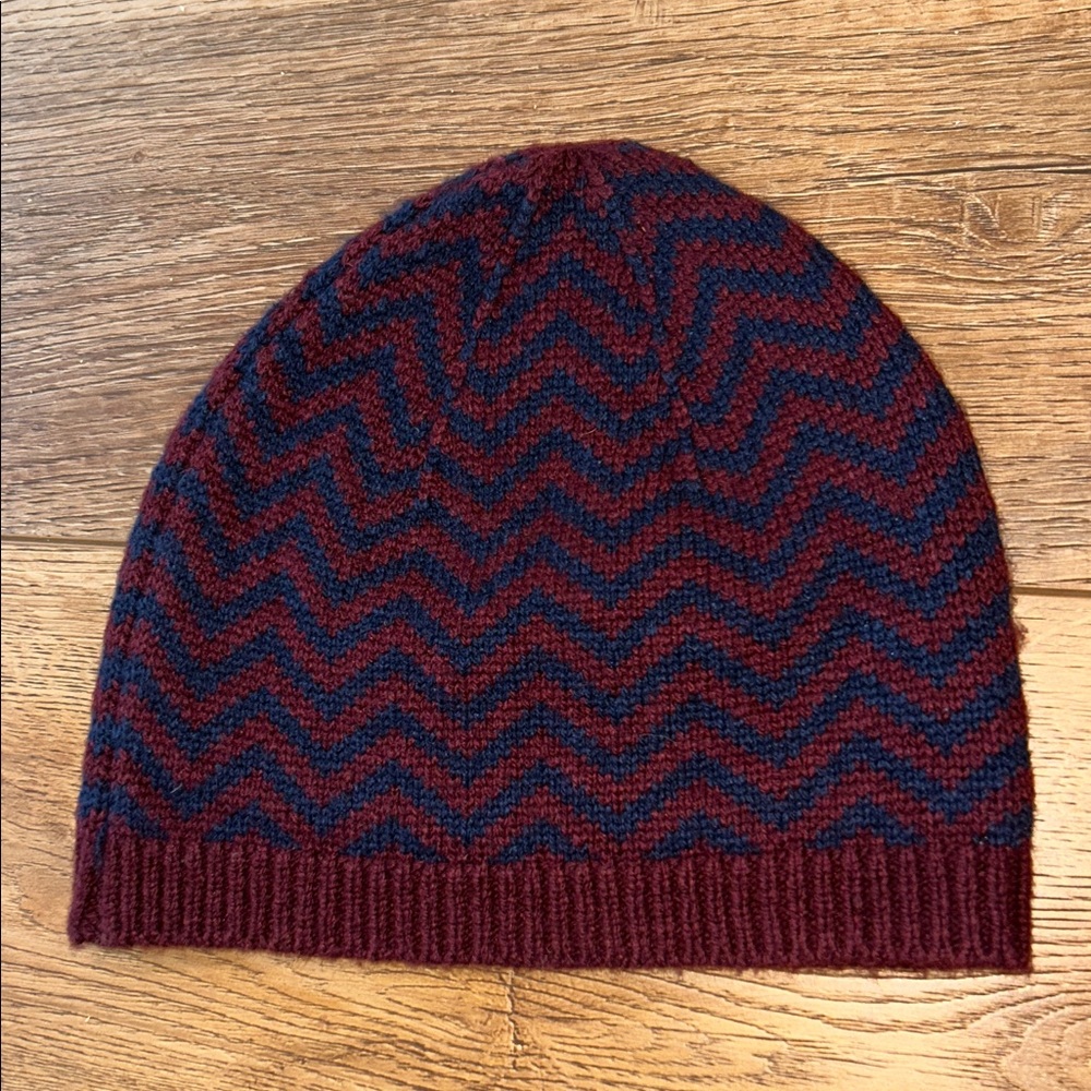 NWOT J. Crew Zig-Zag Burgundy and Navy Wool Blend‎ Knit Beanie Hat
